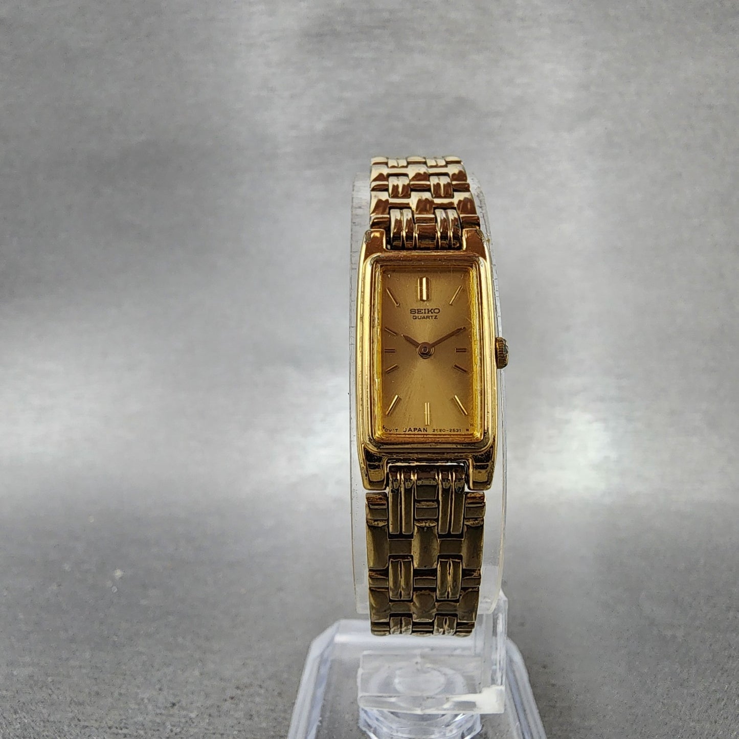 Seiko Tank Watch Women 13mm Champagne Dial Gold Tone 2e207021 New Battery ABC125