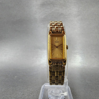 Seiko Tank Watch Women 13mm Champagne Dial Gold Tone 2e207021 New Battery ABC125