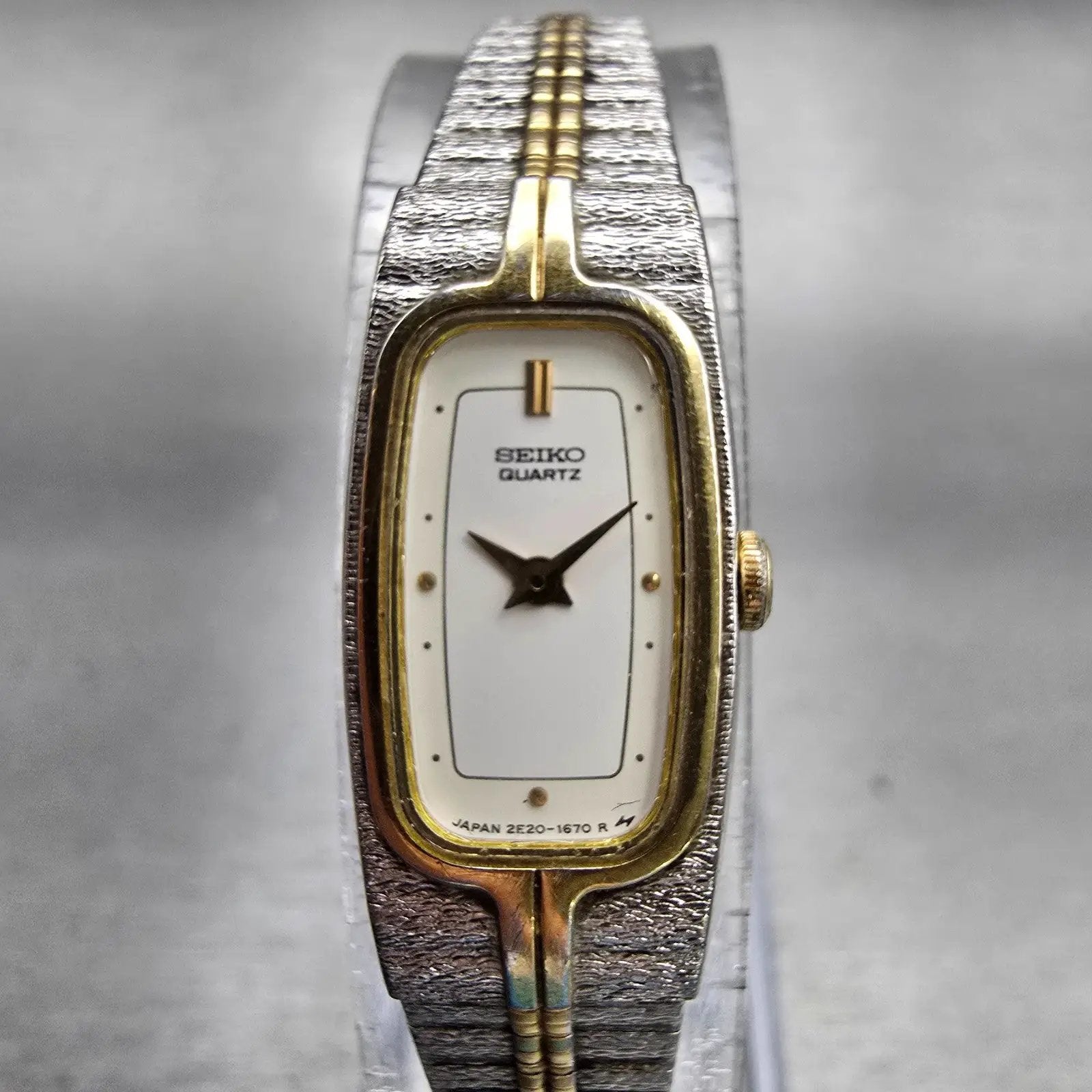 Seiko Watch Women 13mm White Dial Two Tone Rectangle 2E20-6319 New Battery VTG0