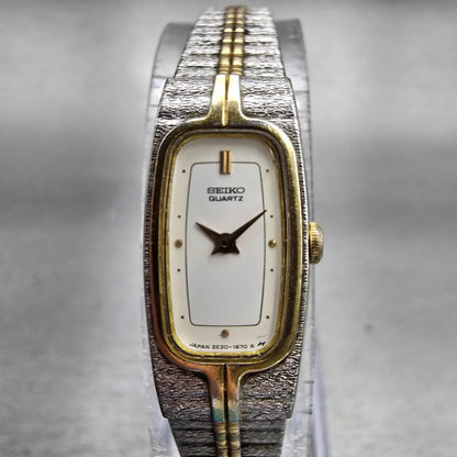 Seiko Watch Women 13mm White Dial Two Tone Rectangle 2E20-6319 New Battery VTG0
