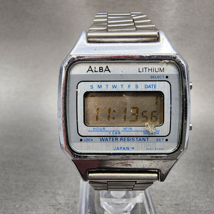 Seiko ALBA Digital Watch Men 33mm LCD Silver Tone Date Month W4015050 New Batt0