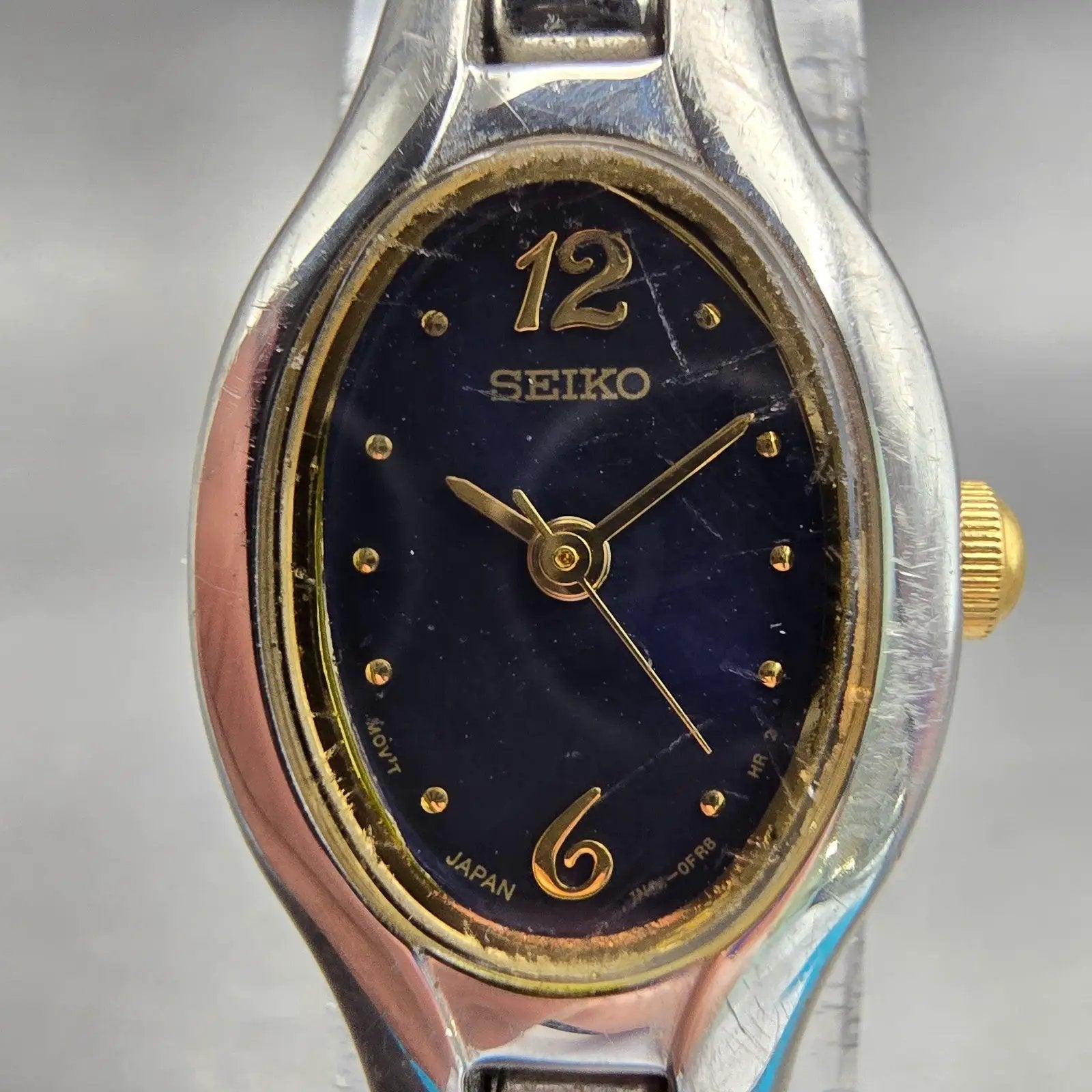 Seiko Watch Women 17mm Blue Dial Silver Tone Oval 1N01-0CT0 New Battery Vintage1