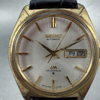Seiko Lordmatic Watch Men 36mm Silver Dial Gold Tone Daydate 5606-7000 Runs VTG31