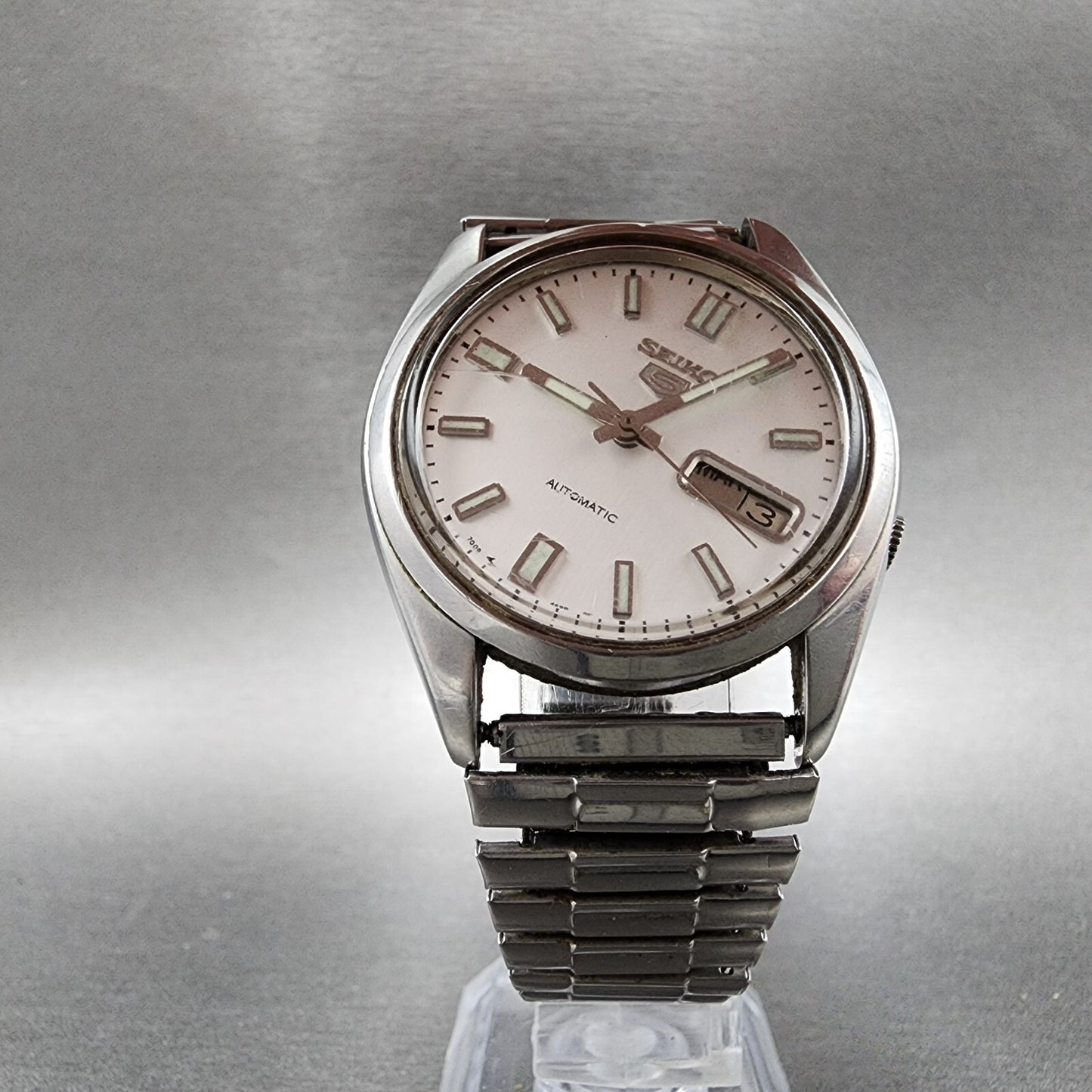 Seiko 5 Automatic Watch Men 37mm White Dial Steel Daydate 7009821A PARTS6