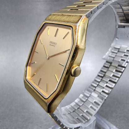 Seiko Tank Watch Men 28mm Gold Dial Gold Tone Octagon 7430-5079 New Battery