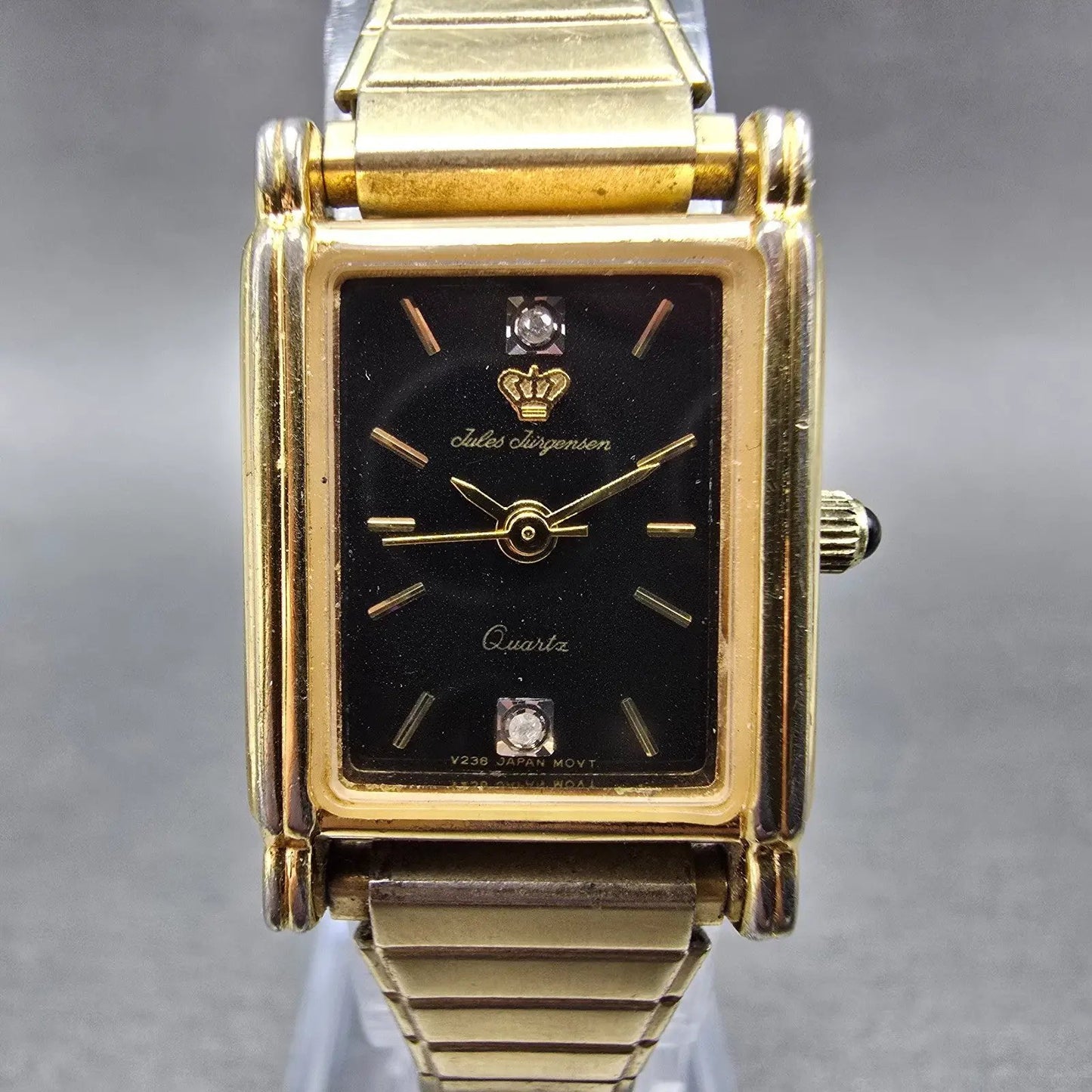 Jules Jurgensen Watch Women 18mm Black Dial Gold Tone Rectangle New Battery VTG0