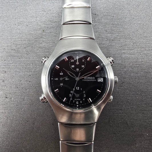 Seiko Wired Chronograph Watch Men 35mm Black Dial Steel Alarm 7T32-X004 PARTS0
