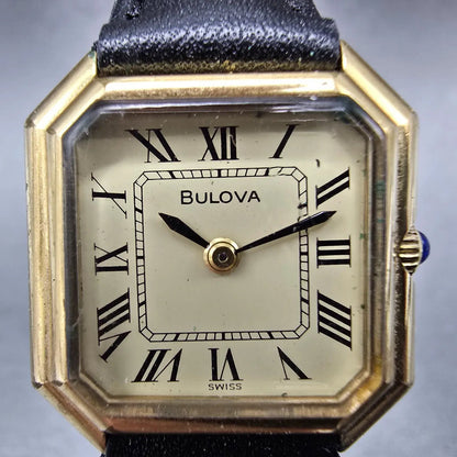 Bulova Watch Women 24mm Cream Dial Gold Tone Octagon Manual Wind Runs VTG1