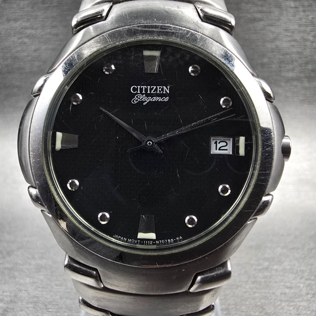 Citizen Elegance Watch Men 35mm Black Dial Silver Date 1112-S66145 New Batt JP1