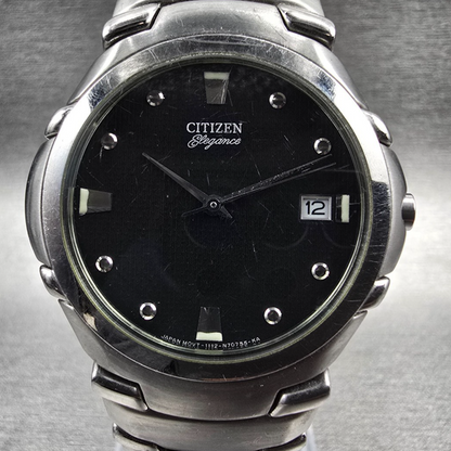 Citizen Elegance Watch Men 35mm Black Dial Silver Date 1112-S66145 New Batt JP1