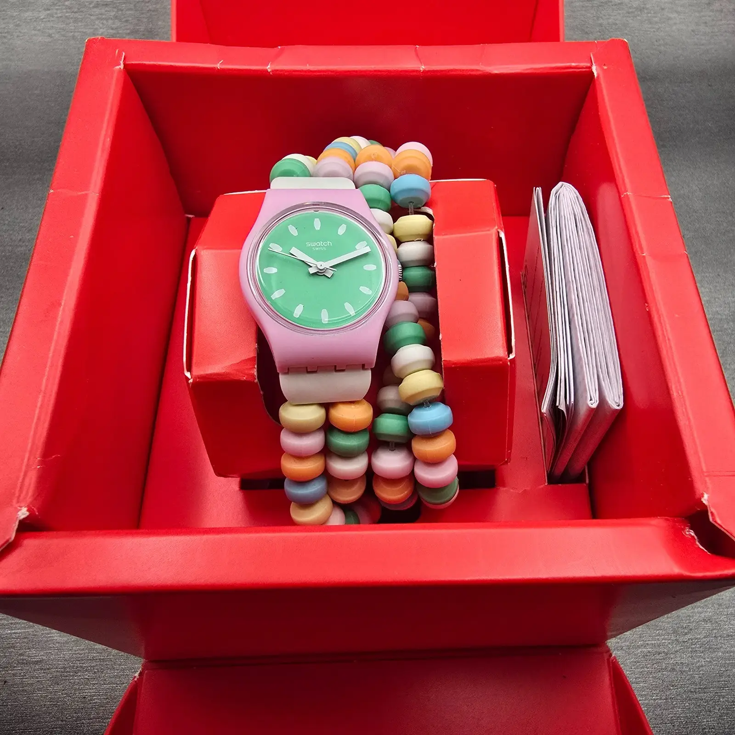 Swatch CARAMELLISSIMA Watch Women 25mm Green Dial Pink Case LP135B New Battery0