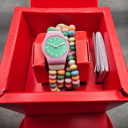 Swatch CARAMELLISSIMA Watch Women 25mm Green Dial Pink Case LP135B New Battery0
