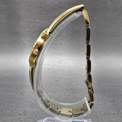 Seiko Solar Watch Women 22mm MOP Dial Gold Tone Round V115-0AW0 Runs Crystals JH5