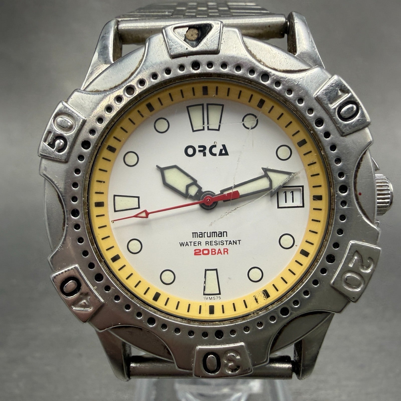Maruman Orca Dive Watch Men 38mm White Dial Silver Tone Date Round New batt0
