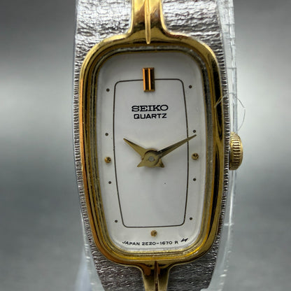 Seiko Tank Watch Women 13mm Gold Dial Gold Tone Rectangle 2E20-6319 New Battery91
