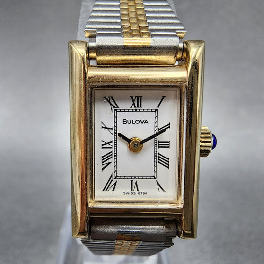 VTG Bulova Tank Watch Women 16mm White Dial Gold Tone Manual Wind Runs0