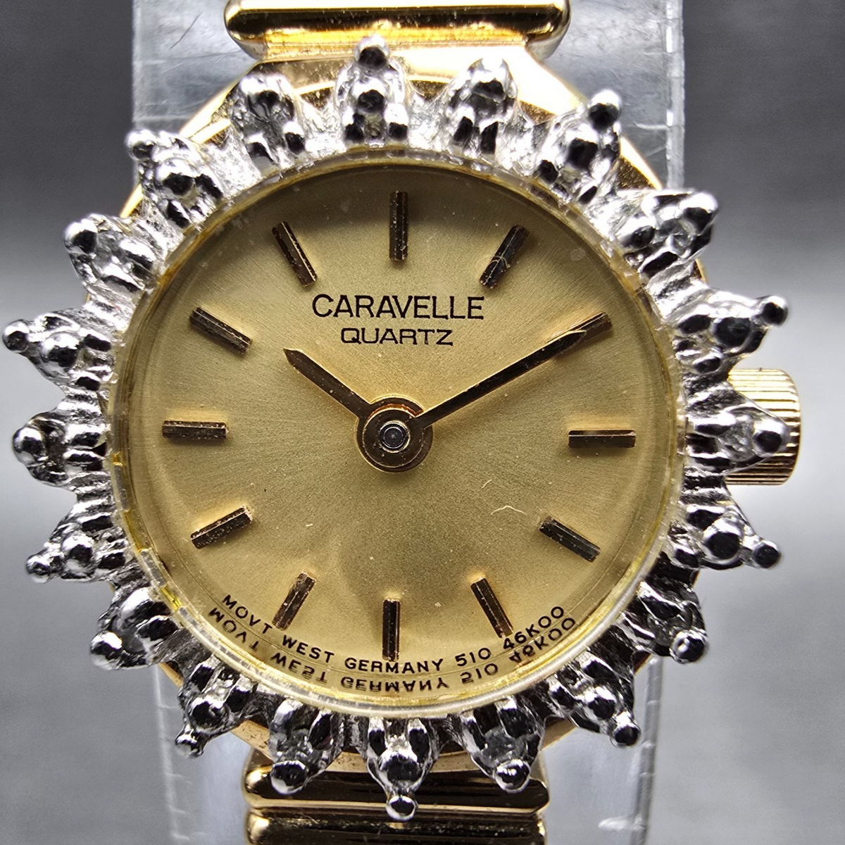 Bulova Caravelle Watch Women 17mm Gold Dial Gold Tone Gemmed Round 46K00 New Bat1