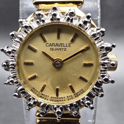 Bulova Caravelle Watch Women 17mm Gold Dial Gold Tone Gemmed Round 46K00 New Bat1