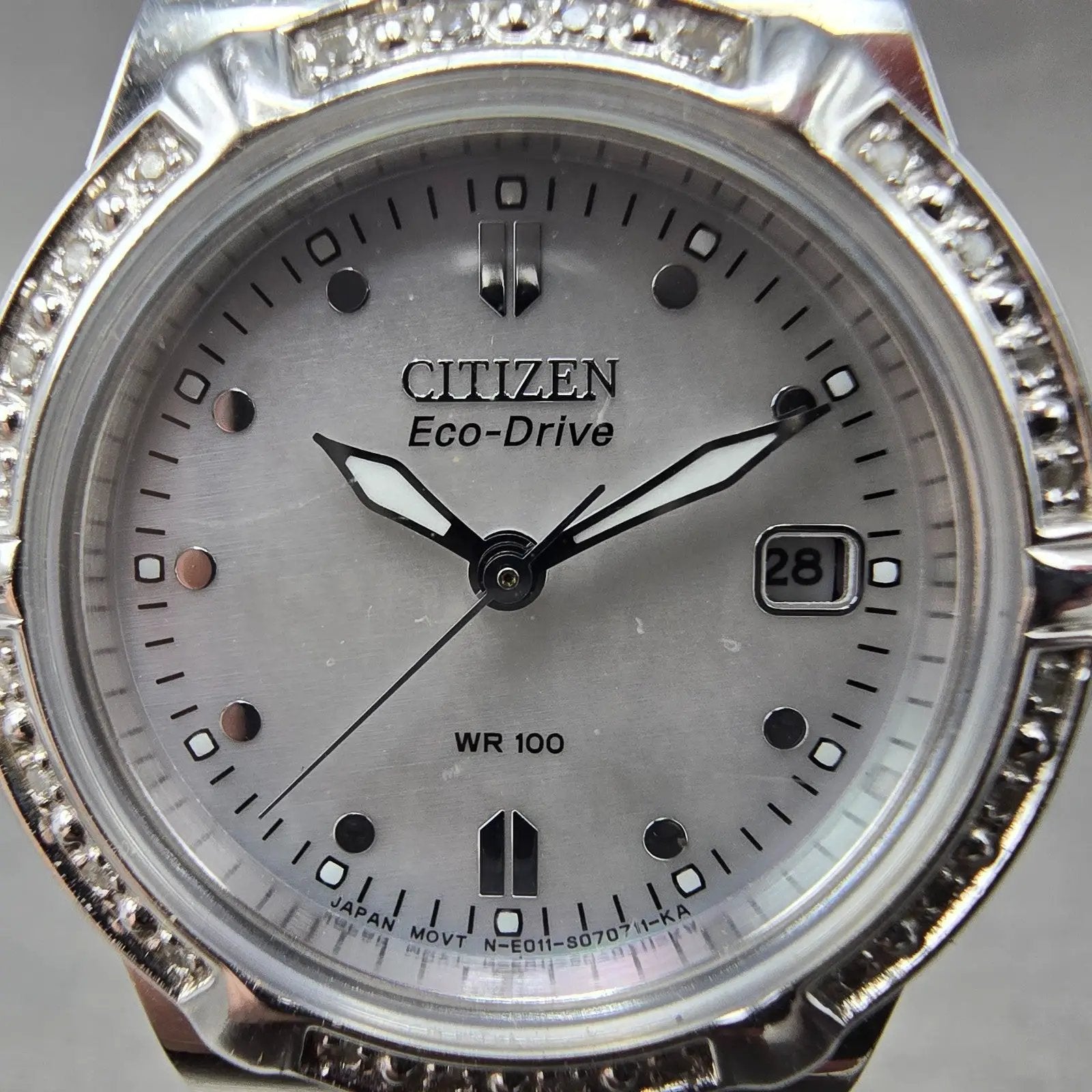 Citizen Eco-Drive Watch Women 26mm MOP Dial Silver Tone Gemmed E011-S043697 RunL1