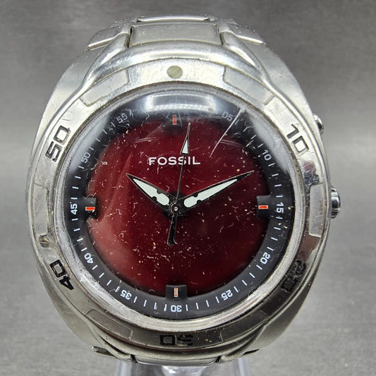 Fossil Big Tic Watch Men 41mm Red Dial Silver Tone Round AM-3758 CRACK New Batt0