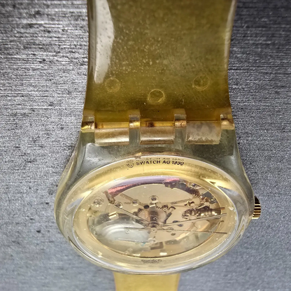 Swatch Golden Jelly Watch Men 34mm Skeleton Dial Clear Case READ! GZ115 New Batt5