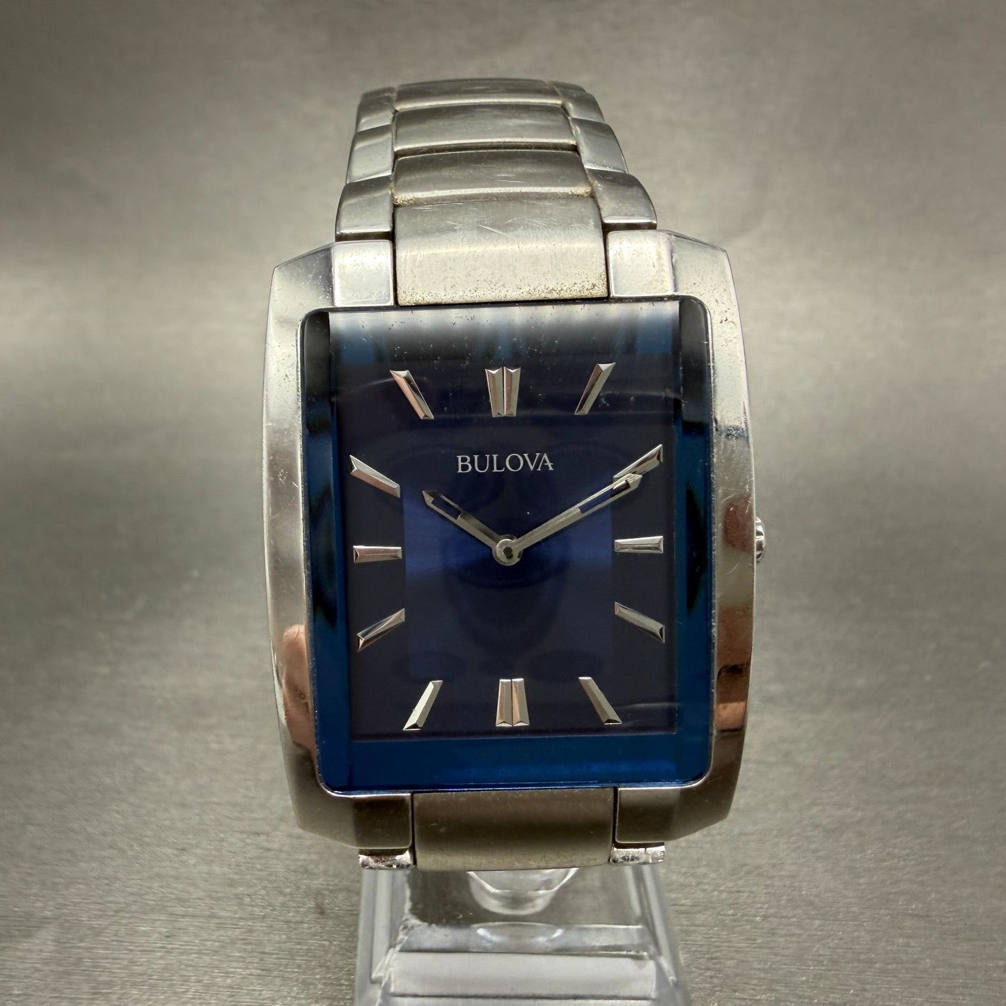 Bulova Tank Watch Men 35mm Blue Dial Silver Tone Rectangle 96A169 New Battery0