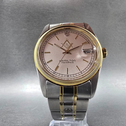 Hamilton Masterpiece Freemason Watch Men Silver Dial Two Tone Date Round New Bat5