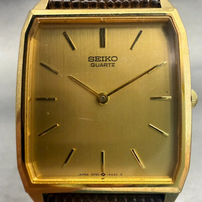 Seiko Watch Men 27mm Gold Dial Gold Tone Rectangle 5P30-5A19 New Battery Vintage1