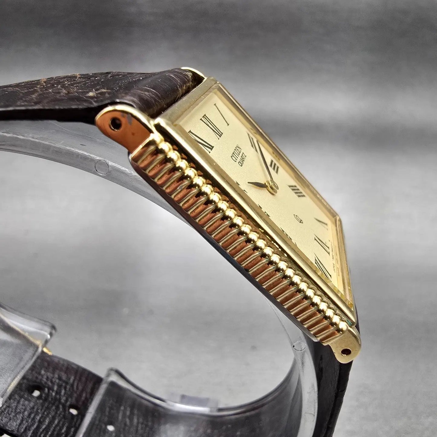 Citizen CQ Tank Watch Men 25mm Ivory Dial Gold Tone Rectangle 4-797400 New Batt3