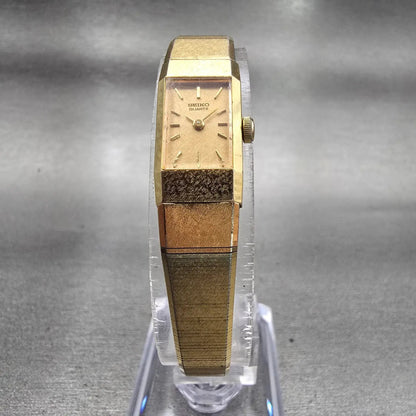 Seiko Watch Women 11mm Gold Dial Gold Tone Rectangle 1320-5049 New Battery VTG5