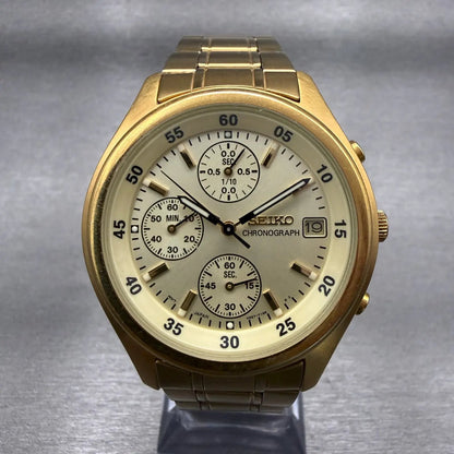 Seiko Chronograph Watch Men 39mm Champagne Dial Gold Tone Date V657-7100 New Bat0