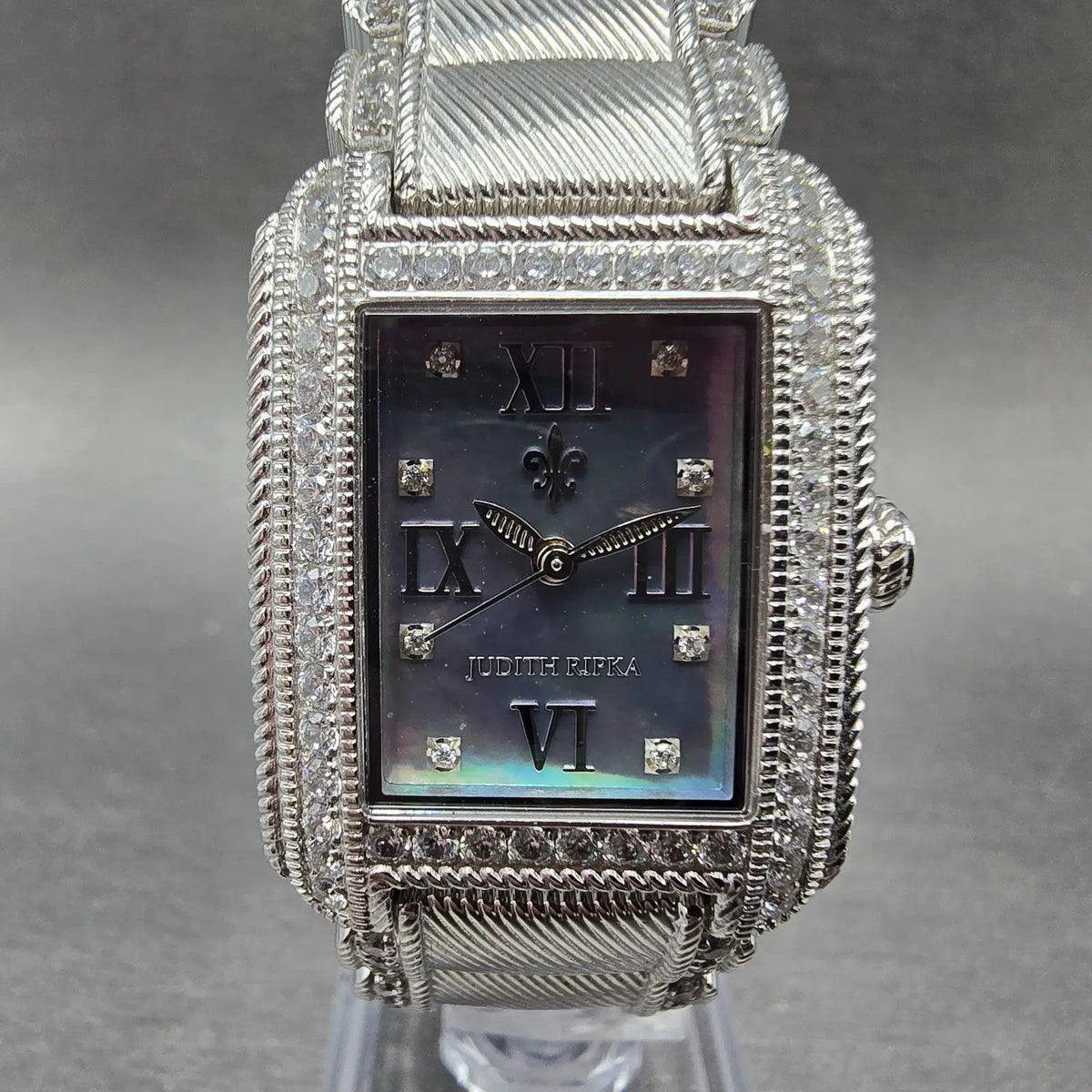 Judith Ripka Tank Watch Women 25mm MOP Dial Silver Tone Crystal Bezel New Batt0