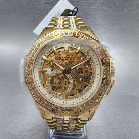 Bulova Octava Watch Men 42mm Gold Skeleton Dial Gold Tone Crystal Bezel 98A2920