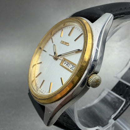 Seiko Watch Men 37mm Silver Dial Two Tone Daydate Round 7N43-9048 New Battery M32