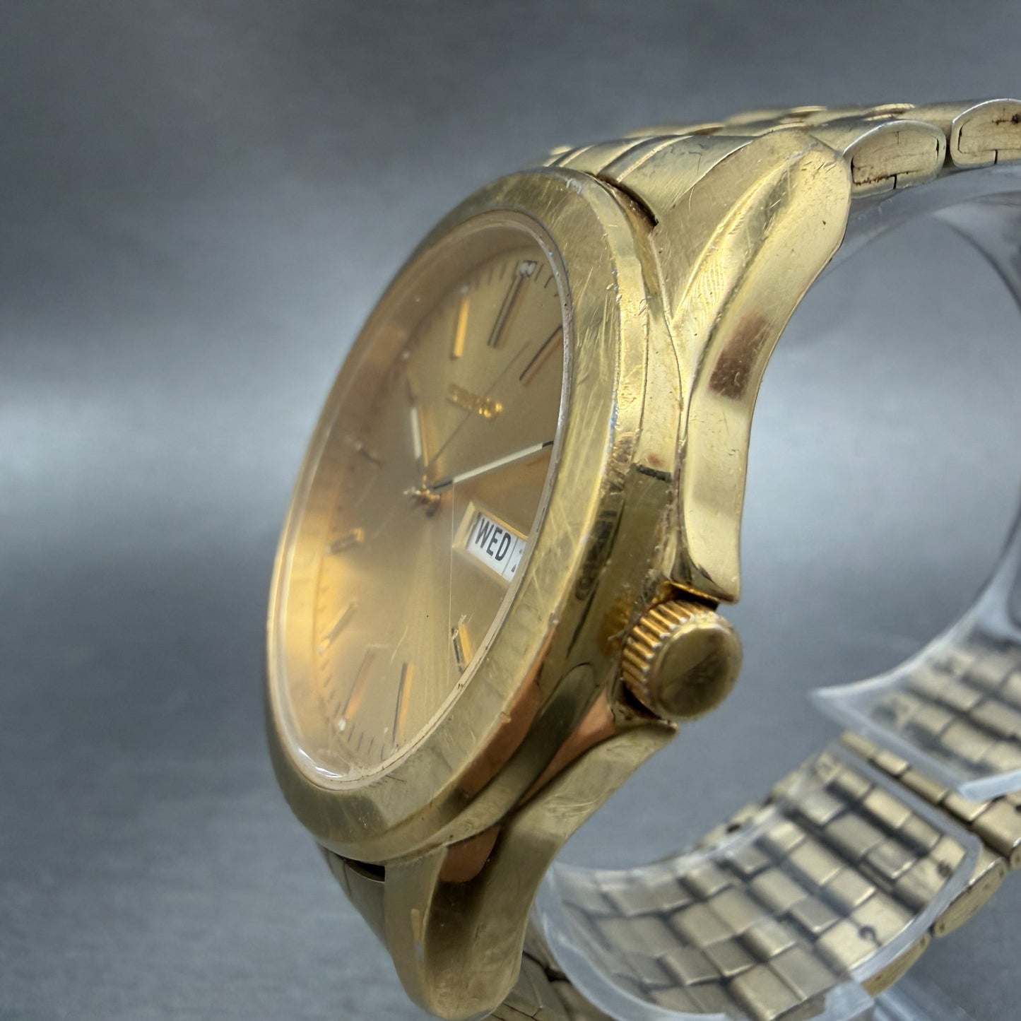 Seiko Watch Men 37mm Champagne Dial Gold Tone Daydate 7N43-0AM0 New Battery2