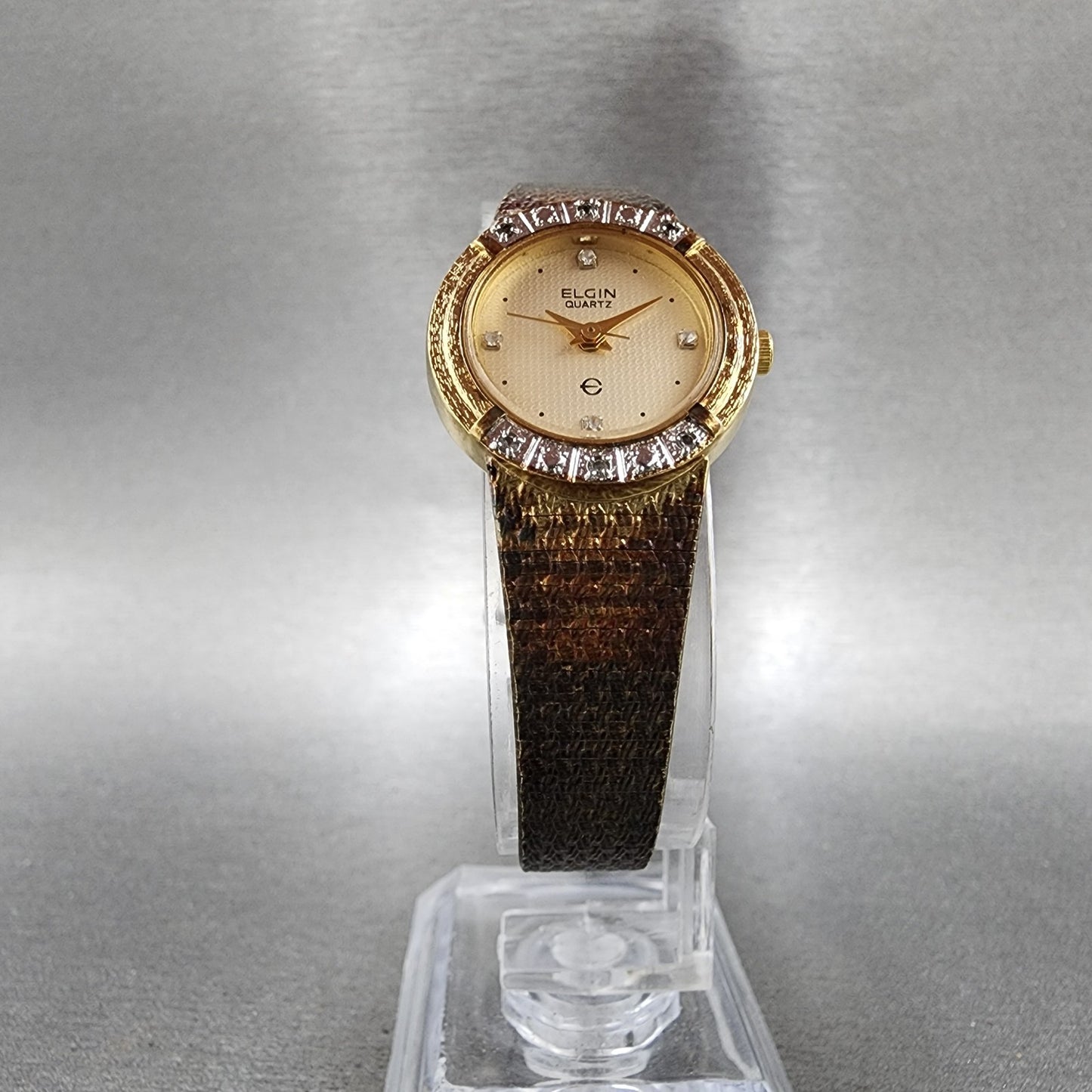 Elgin Watch Women 21mm Champagne Dial Gold Tone Round Diamond bezel New Battery5