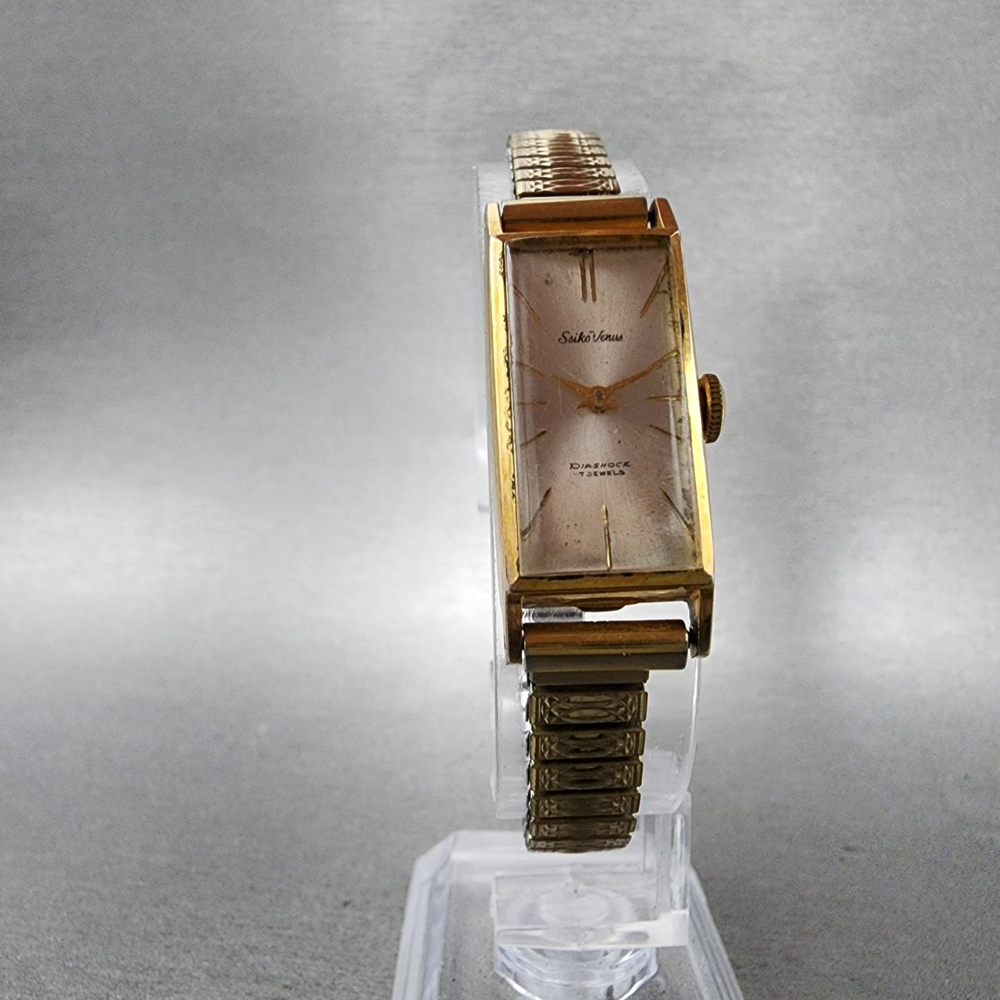 Seiko Venus Tank Watch Women 15mm Silver Dial Gold Tone 5514 Manual Runs5