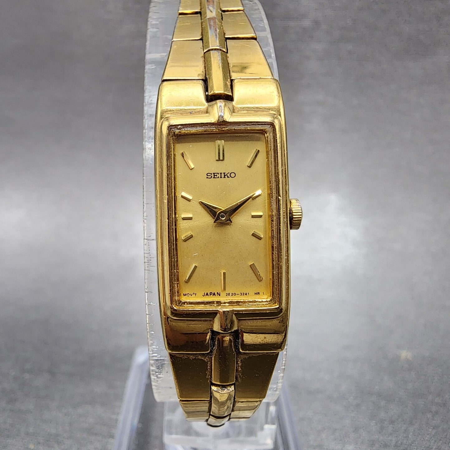 Seiko Watch Women 13mm Gold Dial Gold Tone Rectangle 2E207479 New Battery0