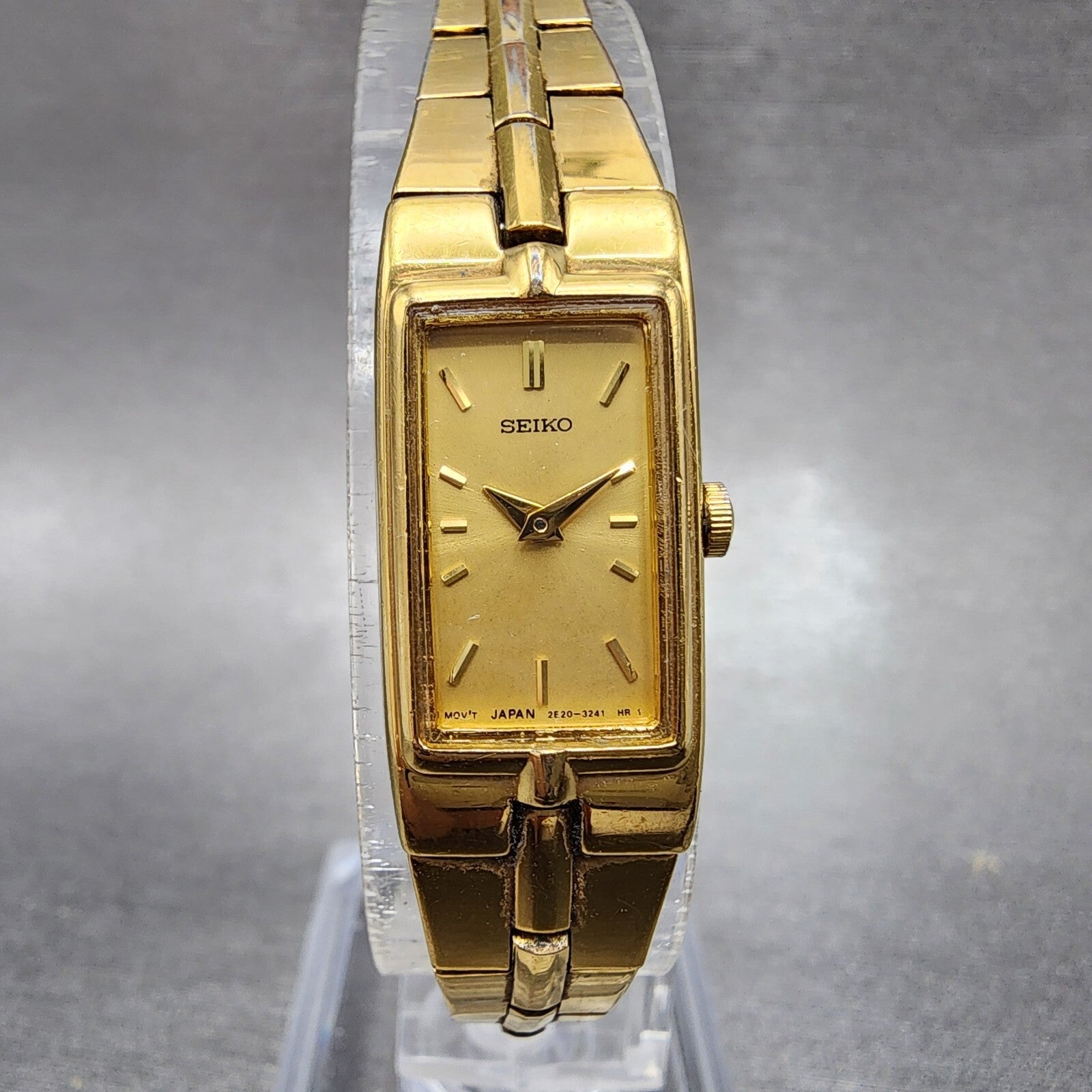 Seiko Watch Women 13mm Gold Dial Gold Tone Rectangle 2E207479 New Battery0