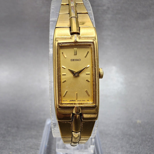 Seiko Watch Women 13mm Gold Dial Gold Tone Rectangle 2E207479 New Battery0