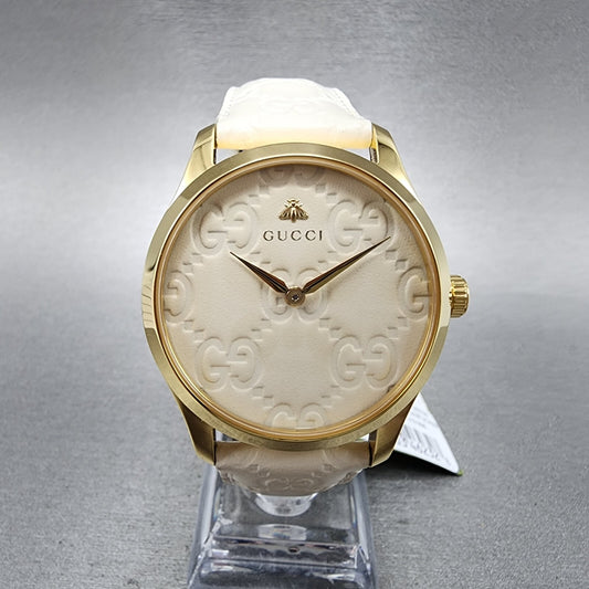 Gucci GTimeless Watch Women 38mm White Dial Gold Tone Round Leather YA12640330