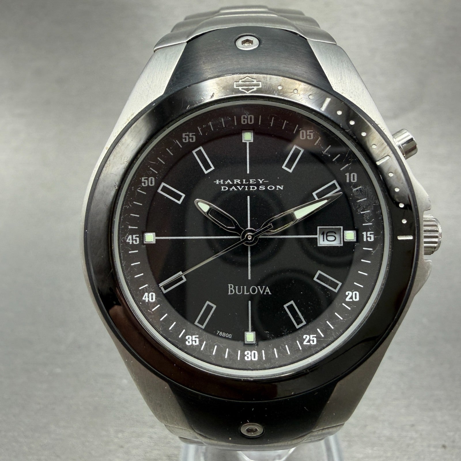 Bulova Harley Davidson Watch Men 39mm Black Dial Silver Tone Date Round New Batt0