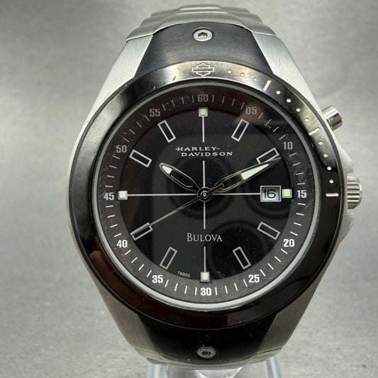 Bulova Harley Davidson Watch Men 39mm Black Dial Silver Tone Date Round New Batt0