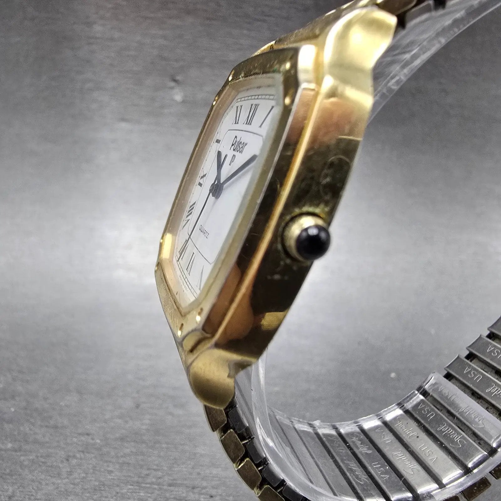 Seiko Pulsar Watch Men 33mm White Dial Gold Tone Date Y558-5019 Octagon PARTS3
