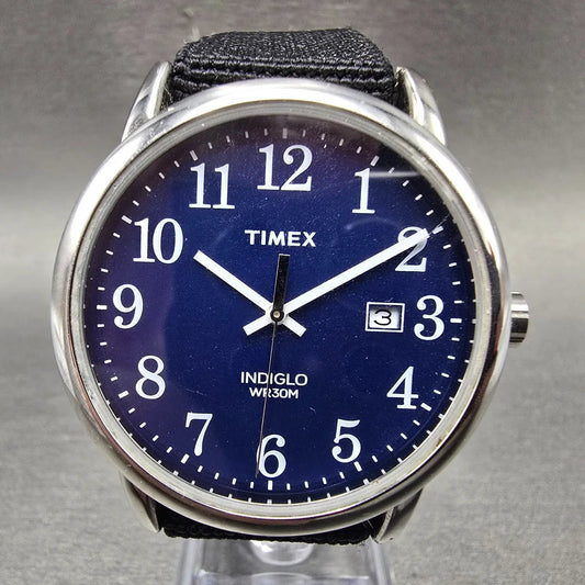 Timex Easy Reader Watch Men 38mm Blue Dial Silver Tone Date Round New Battery0