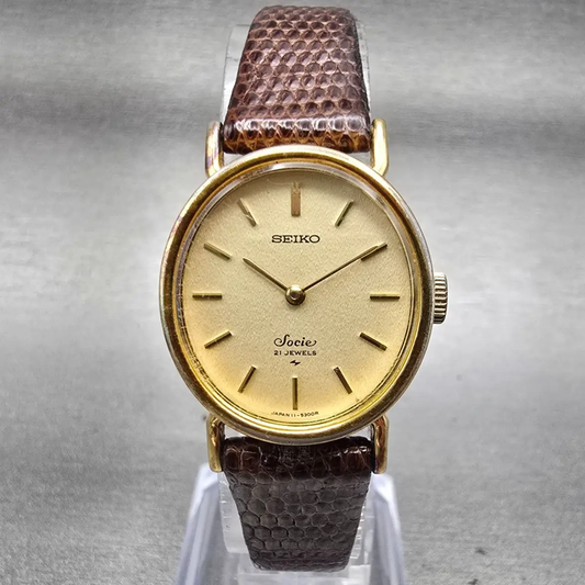 Seiko Socie Watch Women 23mm Champagne Dial Gold Tone Oval 11-8420 Manual Wind0