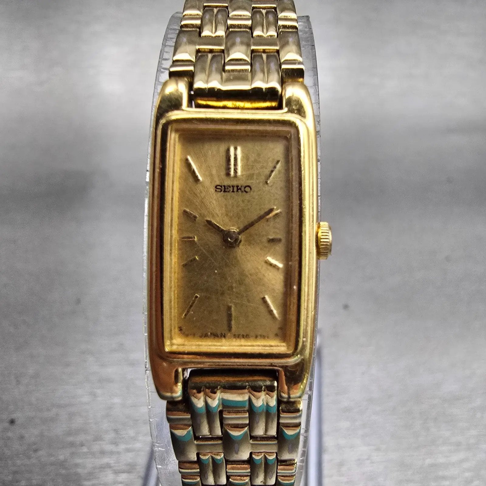 Seiko Watch Women 13mm Gold Dial Gold Tone Rectangle 2E20-7021 New Battery VTG0