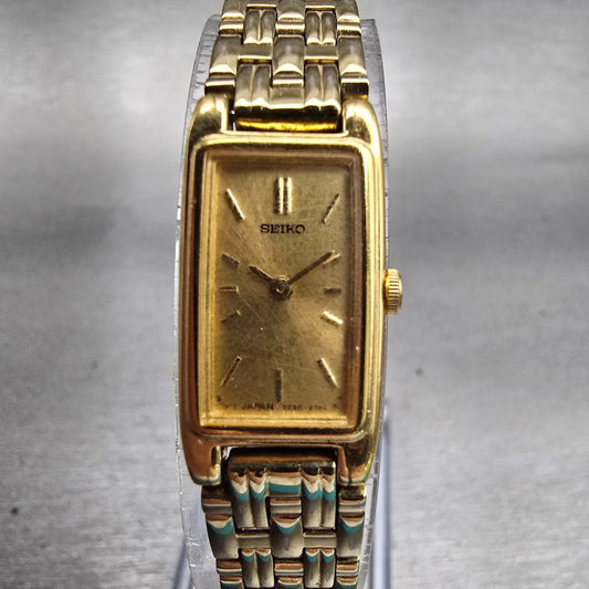 Seiko Watch Women 13mm Gold Dial Gold Tone Rectangle 2E20-7021 New Battery VTG0