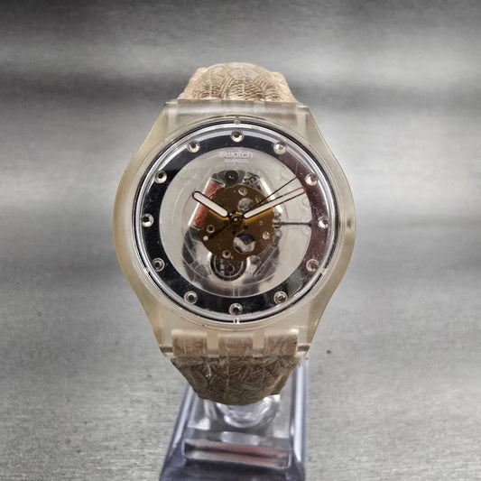 Swatch Blingstone Watch Men 38mm Clear Dial Clear Case Round SUJK115 New Battery0