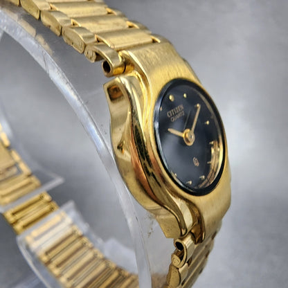 Citizen CQ Watch Women 17mm Black Dial Gold Tone Round 3220S10034 New Battery3
